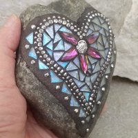 Iridescent Mosaic Heart Garden Stone, GardnerGift, Garden Decor