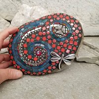 Mosaic Garden Stone, Home Decor, Gardener Gift, Garden Decor, Denim Blue and Rose