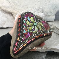 Iridescent Red Mosaic Heart, Yellow Flower, Mosaic Rock, Mosaic Garden Stone,