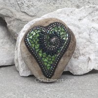 Lime Green Leaf Heart, Garden Stone, Mosaic, Garden Decor