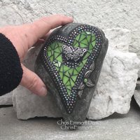 Lime Green Butterfly Heart, Mosaic Paperweight / Garden Stone