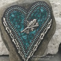 Turquoise Heart with Bird, Garden Stone, Mosaic, Garden Decor