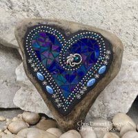 Iridescent Blue Heart, (2) Garden Stone, Mosaic, Garden Decor