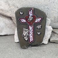 Red Heart and Cross Mosaic, Garden Stone, Garden Decor, Home Decor, Gardener Gift