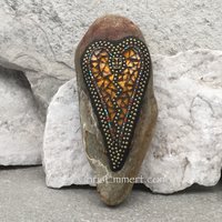 Amber Mosaic Heart, Mosaic Rock, Mosaic Garden Stone, Home Decor, Gardening Gift,