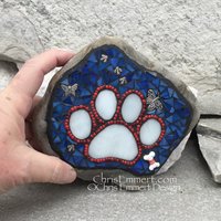 Patriotic Red, White and Blue, Black Paw Print - Garden Stone, Pet Memorial, Garden Decor'