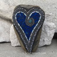 Royal Blue Mosaic Heart, Mosaic Rock, Mosaic Garden Stone,