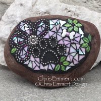 Iridescent White Flower, Black Paw Print - Garden Stone, Pet Memorial, Garden Decor'
