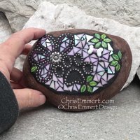 Iridescent White Flower, Black Paw Print - Garden Stone, Pet Memorial, Garden Decor'
