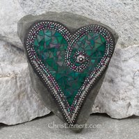 Mosaic Heart, Iridescent Green Heart, Mosaic Rock, Garden Stone, Home Decor, Gardener Gift, Garden Decor,