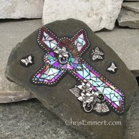 Red Heart and Cross Mosaic, Garden Stone, Garden Decor, Home Decor, Gardener Gift