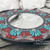 Teal and Red Dragonfly Mosaic Mirror, Round Mosaic Mirror, Home Decor