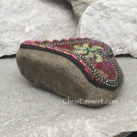 Iridescent Red Mosaic Heart, Yellow Flower, Mosaic Rock, Mosaic Garden Stone,