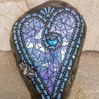 Iridescent Blue Mosaic Heart Garden Stone, Bee