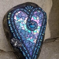 Iridescent Blue Mosaic Heart Garden Stone, Bee