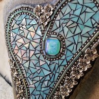 Iridescent Ocean Blue Mosaic Heart Garden Stone  