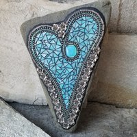 Iridescent Ocean Blue Mosaic Heart Garden Stone  