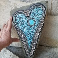 Iridescent Ocean Blue Mosaic Heart Garden Stone  