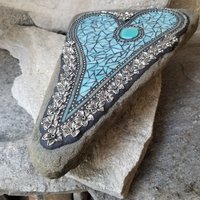 Iridescent Ocean Blue Mosaic Heart Garden Stone  