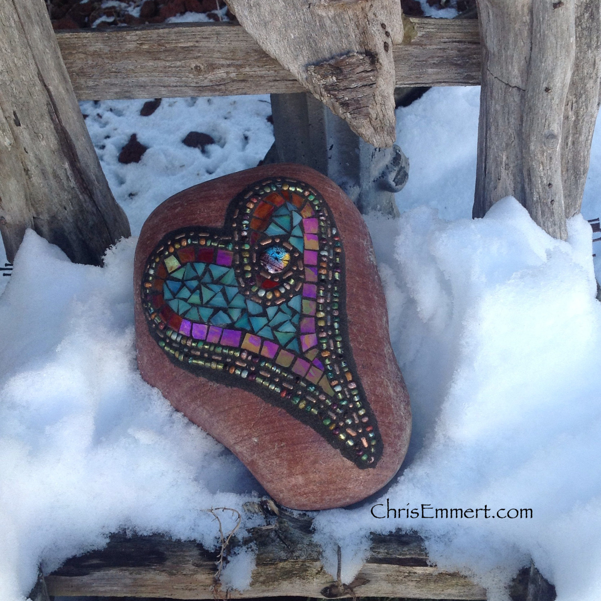 Red and Teal  Mosaic Heart Garden Stone, GardnerGift, Garden Decor