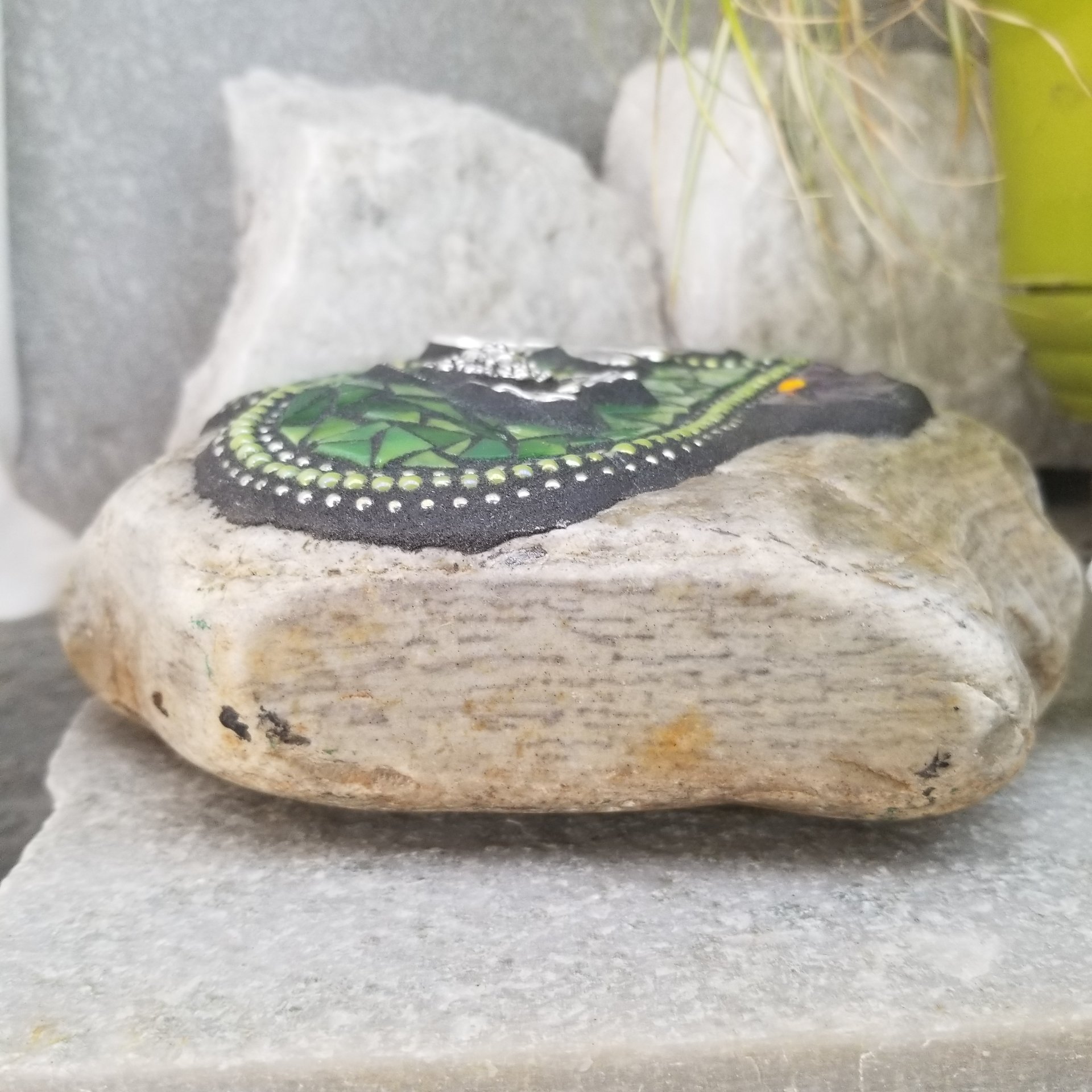 Green / Purple Flowers Dragonfly Mosaic Heart, Mosaic Rock, Mosaic Garden Stone,