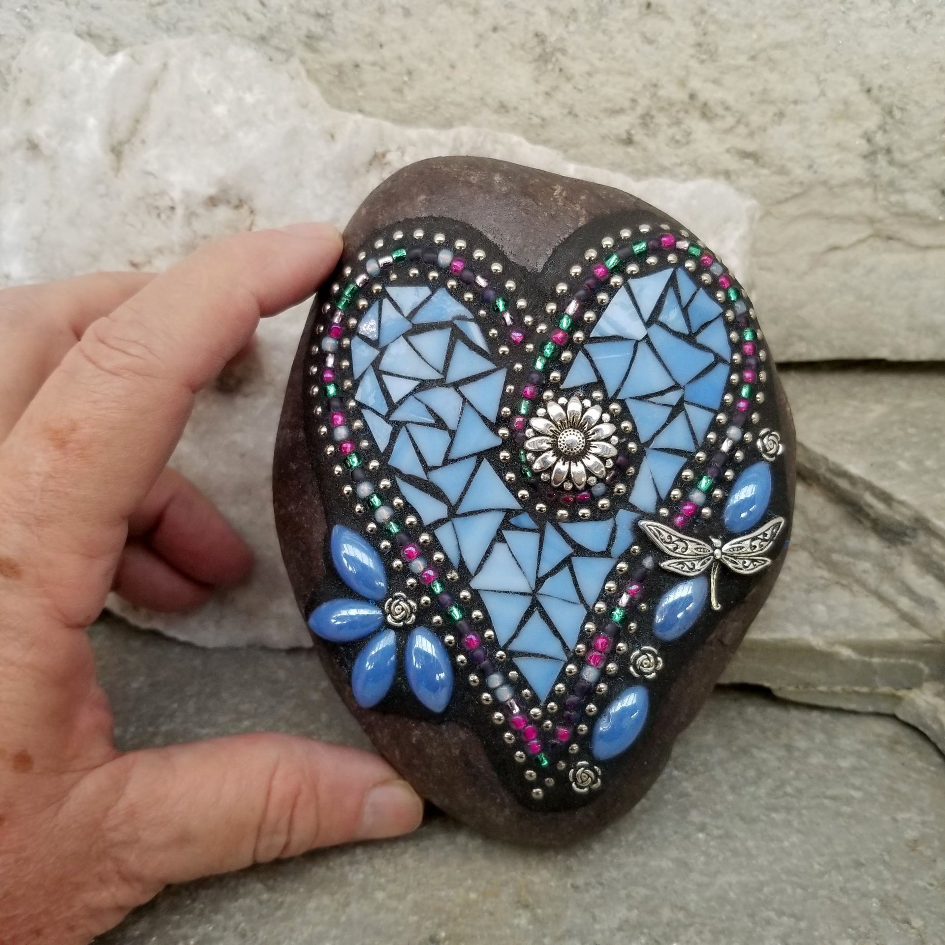 Blue Mosaic Heart Garden Stone, GardnerGift, Garden Decor