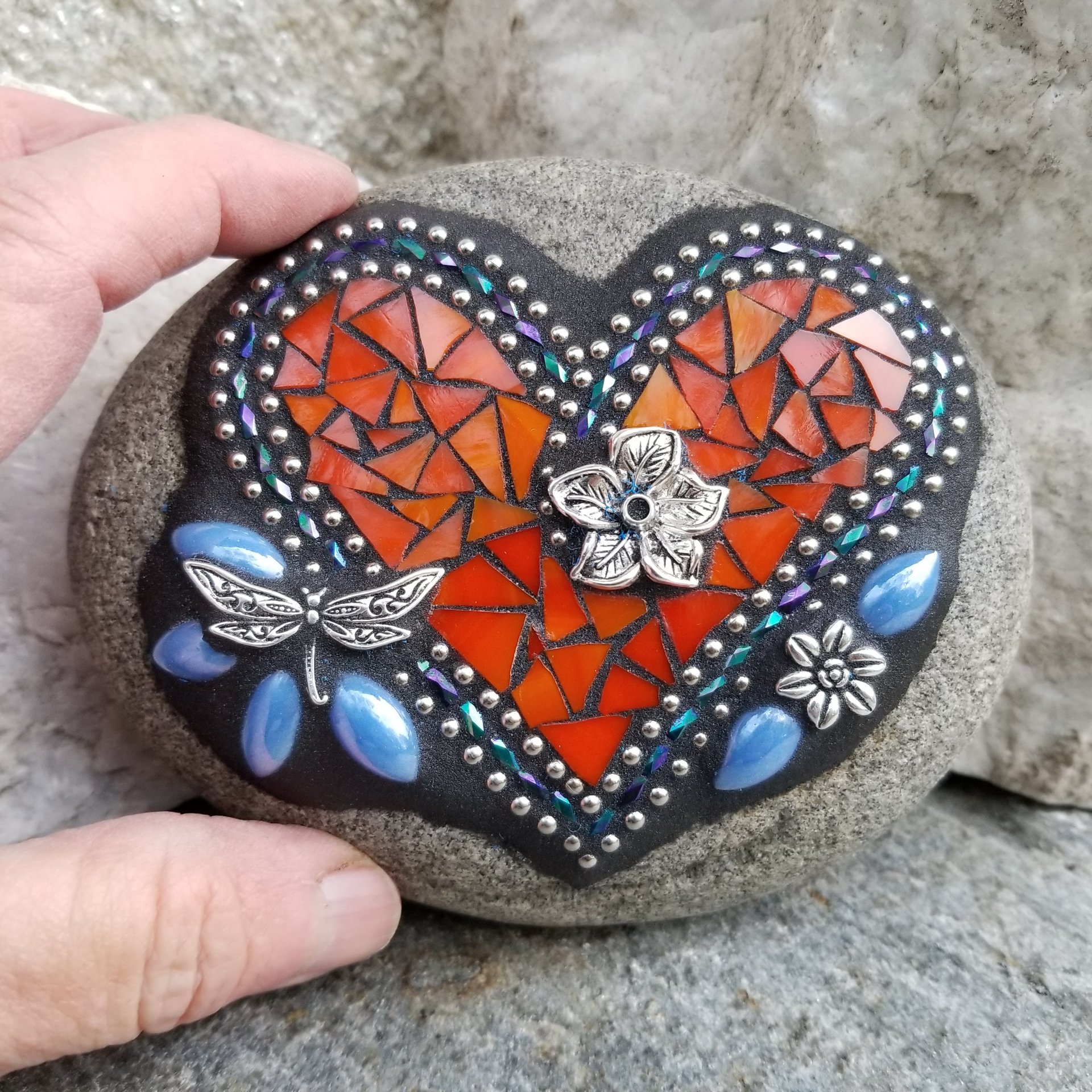 Orange Heart, Mosaic Paperweight / Garden Stone