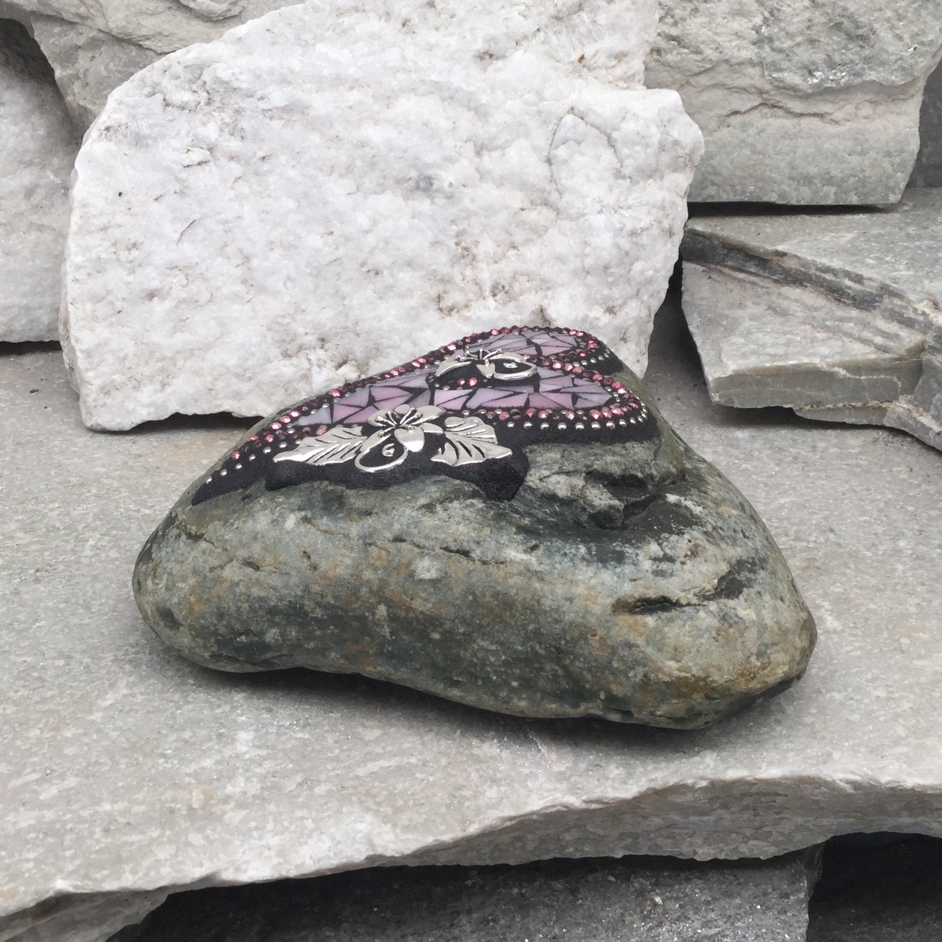 Iridescent Pink Mosaic Heart, Mosaic Rock, Mosaic Garden Stone,