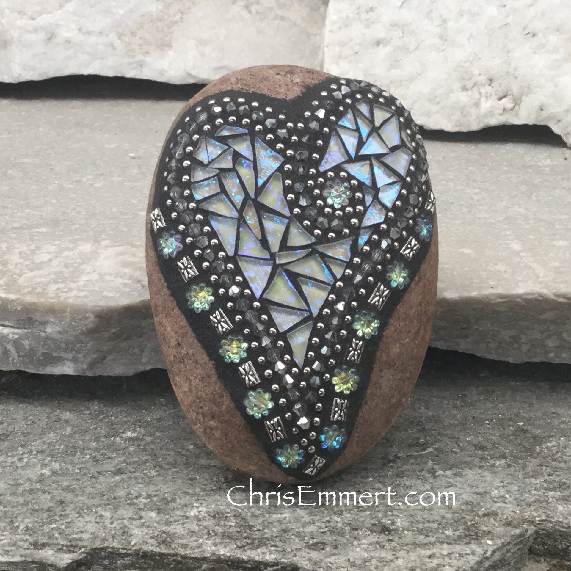 Iridescent White Mosaic Heart, Mosaic Rock, Mosaic Garden Stone, Home Decor, Gardening, Gardening Gift,