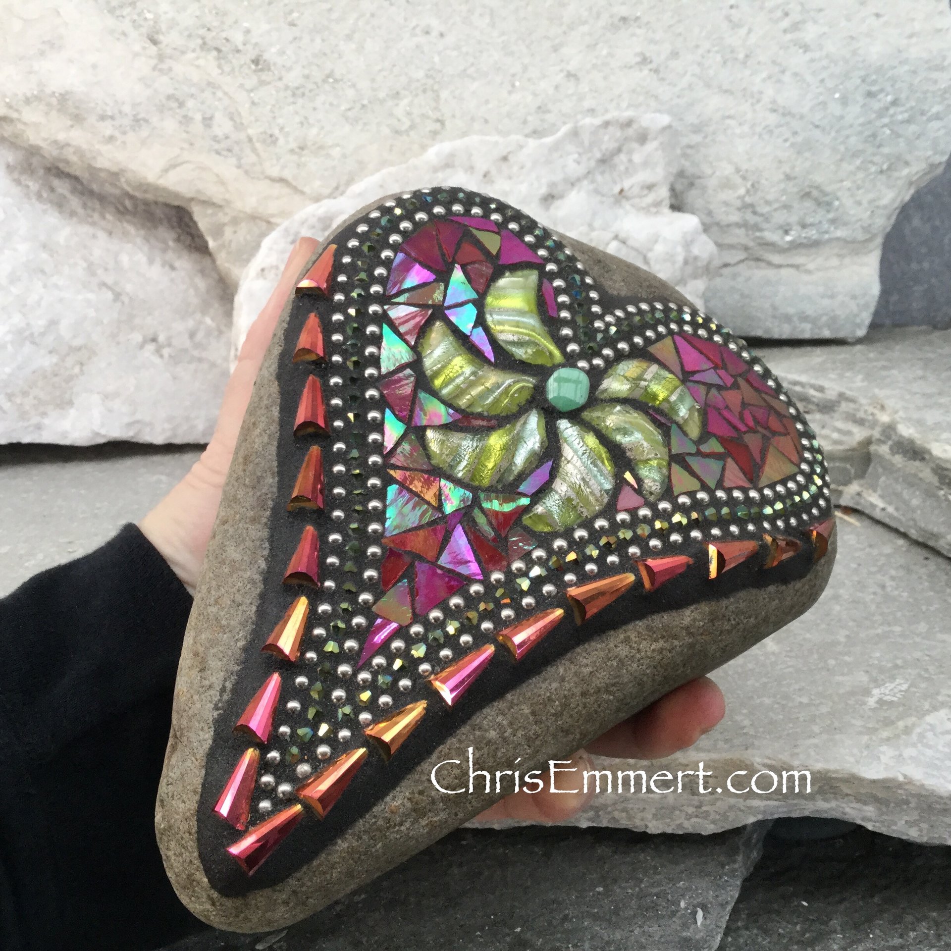 Iridescent Red Mosaic Heart, Yellow Flower, Mosaic Rock, Mosaic Garden Stone,