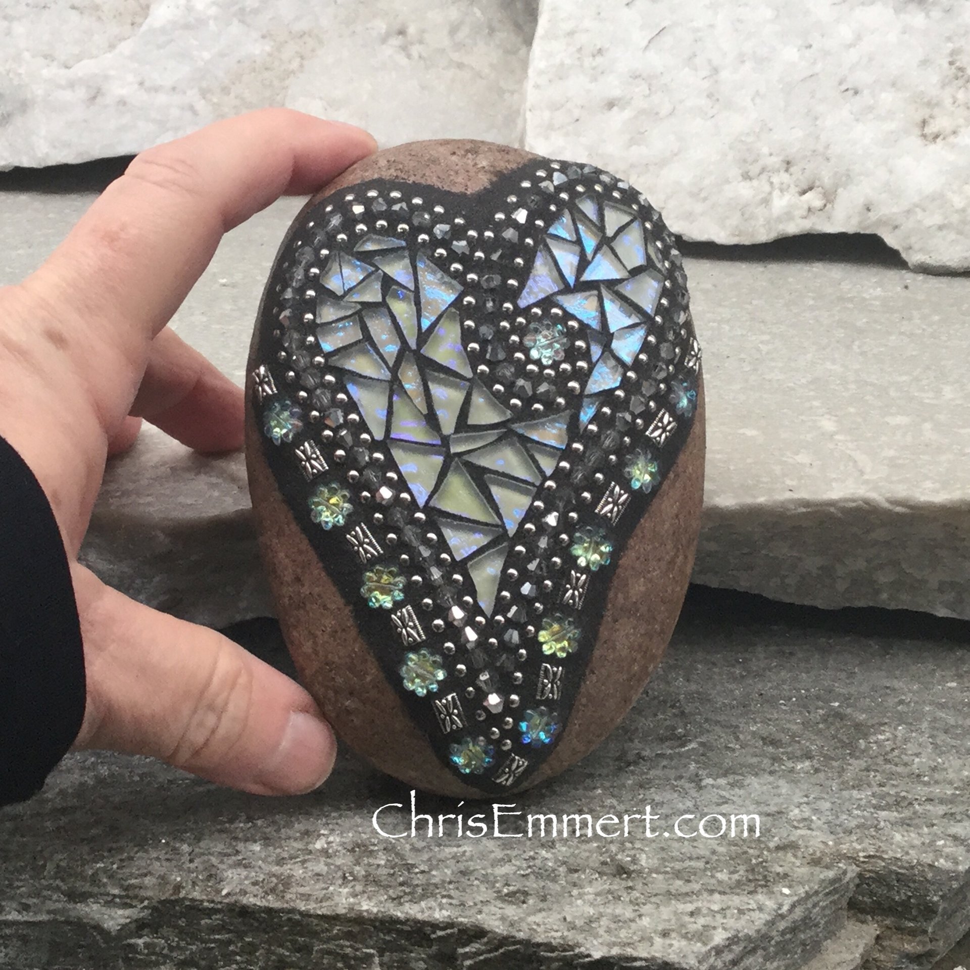 Iridescent White Mosaic Heart, Mosaic Rock, Mosaic Garden Stone, Home Decor, Gardening, Gardening Gift,
