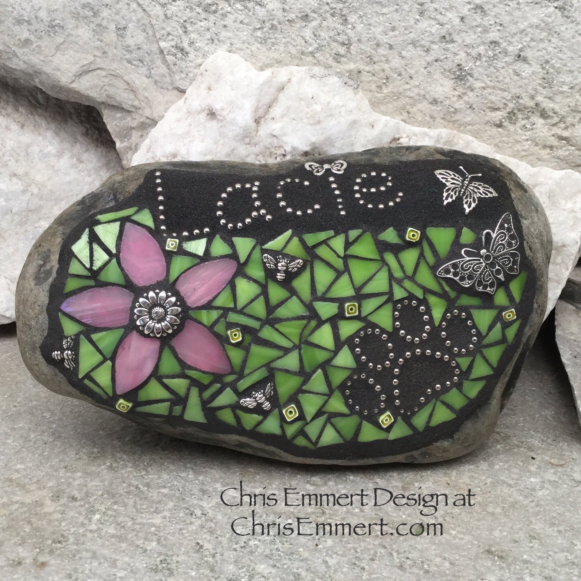 Reserved..... Pink Flower w/Lime Green, Black Paw Print - Garden Stone, Pet Memorial, Garden Decor'