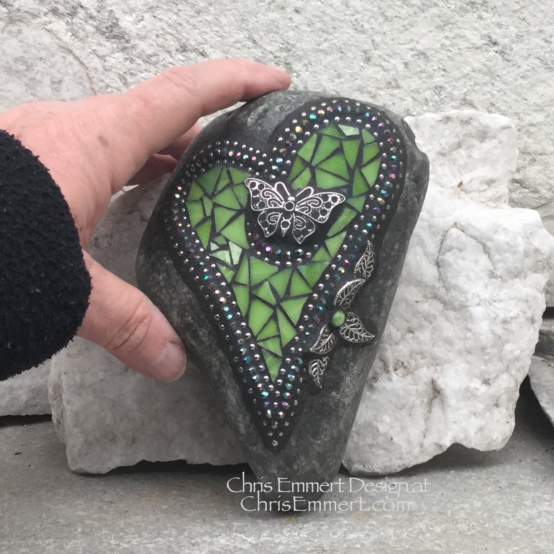 Lime Green Butterfly Heart, Mosaic Paperweight / Garden Stone