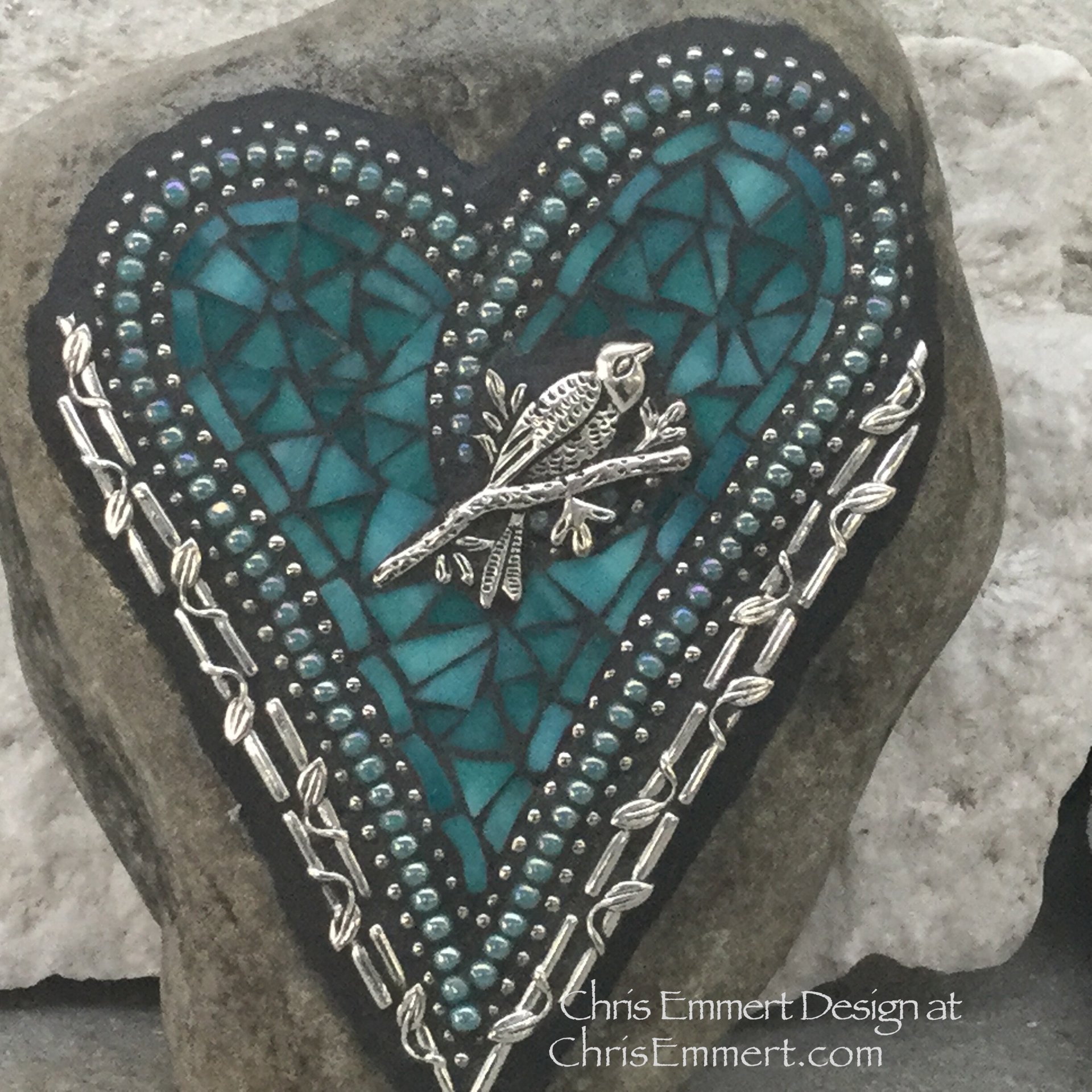 Turquoise Heart with Bird, Garden Stone, Mosaic, Garden Decor