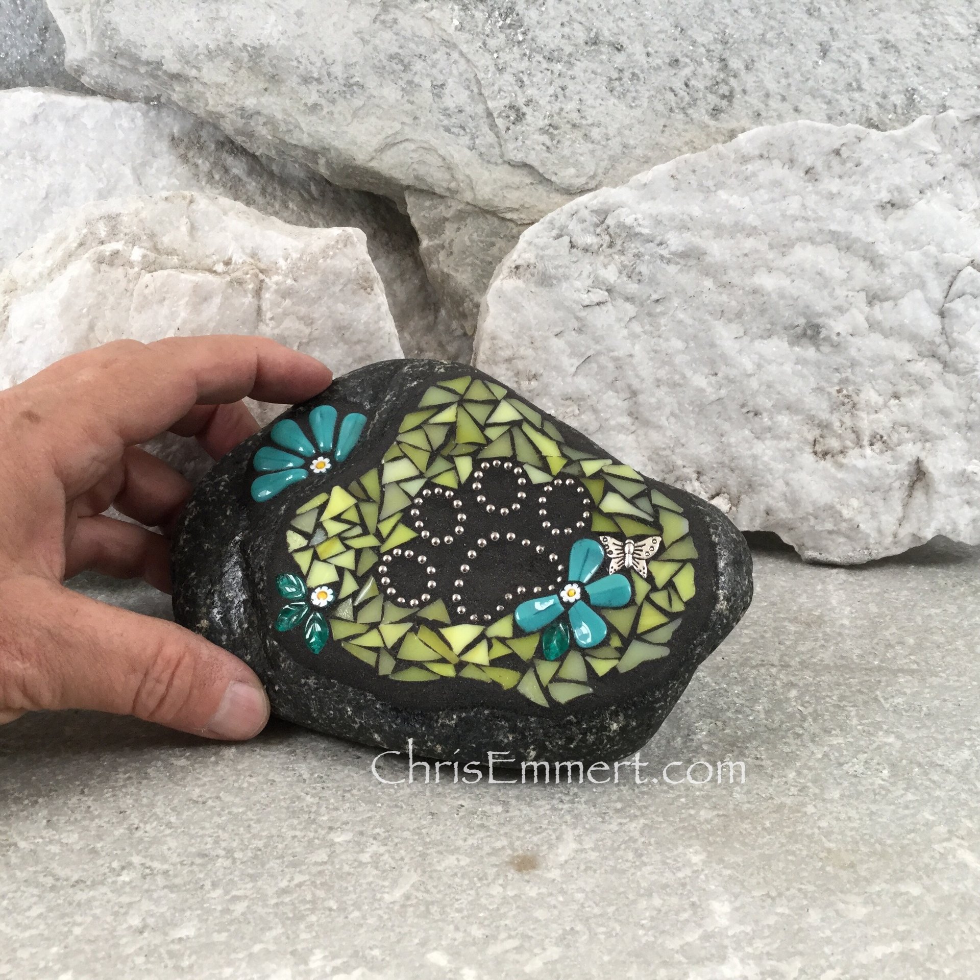 Teal Flowers w/Yellow, Black Paw Print - Garden Stone, Pet Memorial, Garden Decor'