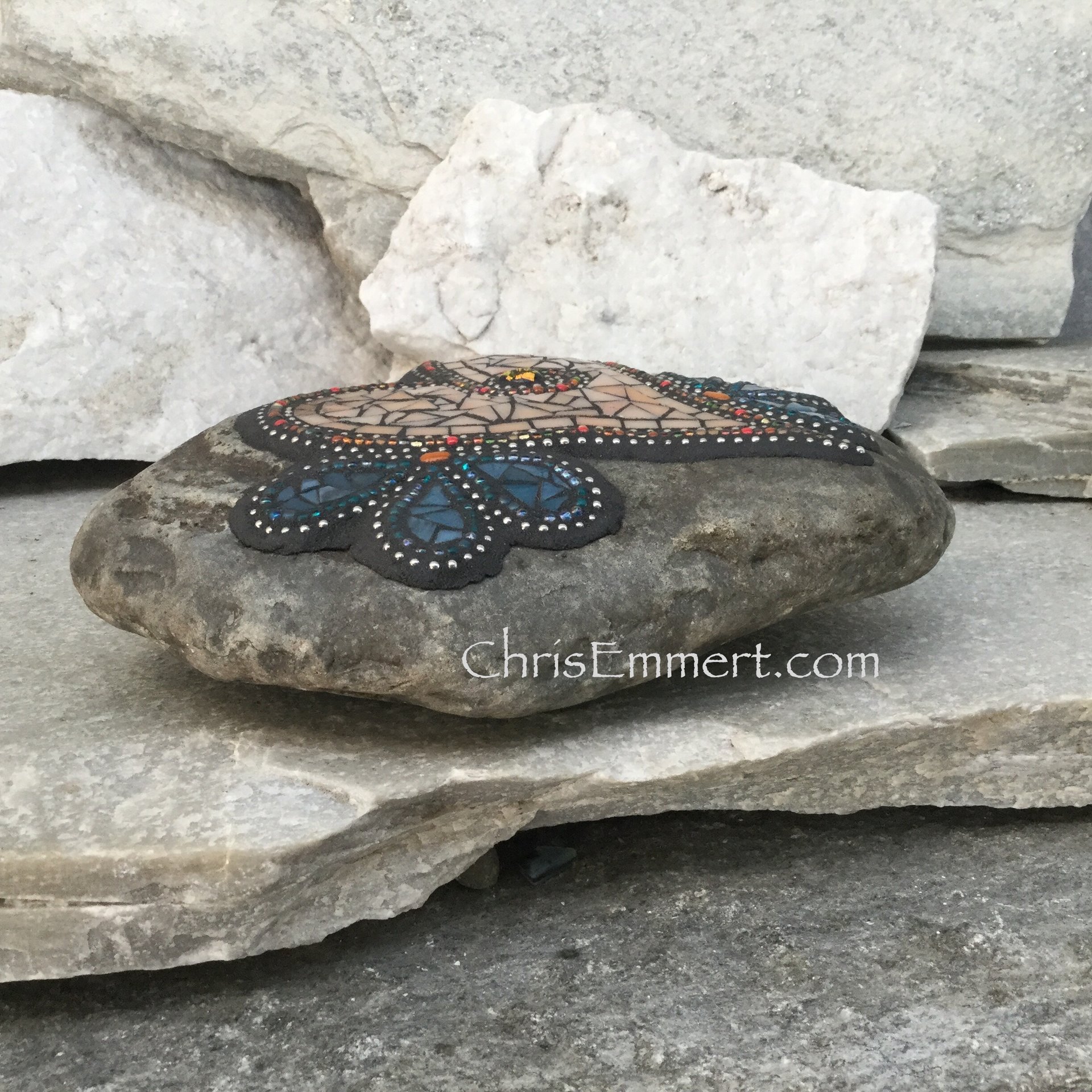 Light Orange Mosaic Heart, Teal Flowers, Mosaic Rock, Mosaic Garden Stone, Garden Rock, Home Decor, Gardener Gift