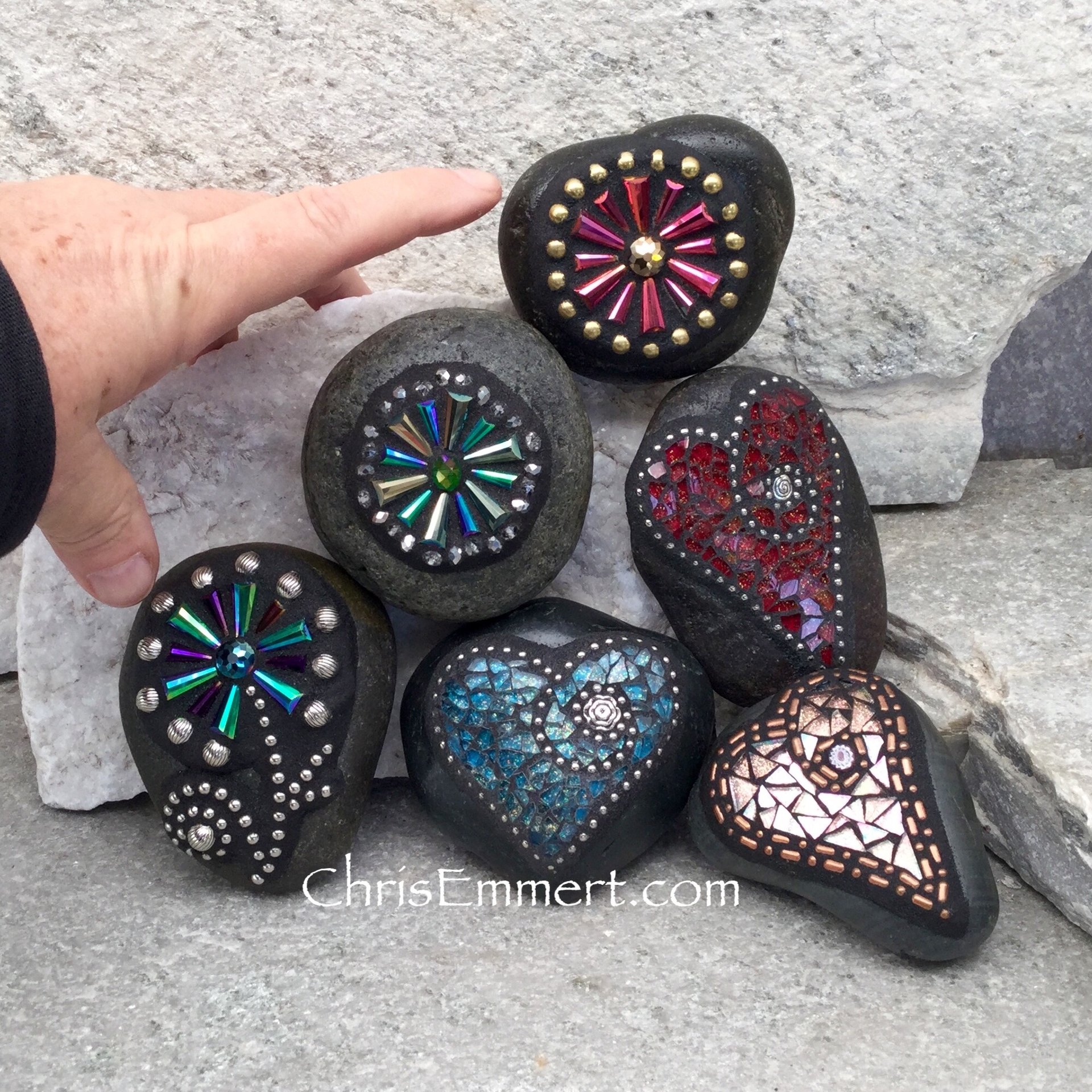 Stocking Stuffer Garden Stone/Paperweights #3 Group, Mosaic Hearts and Bursts,  Mosaic Garden Stone, Gardening Gift,