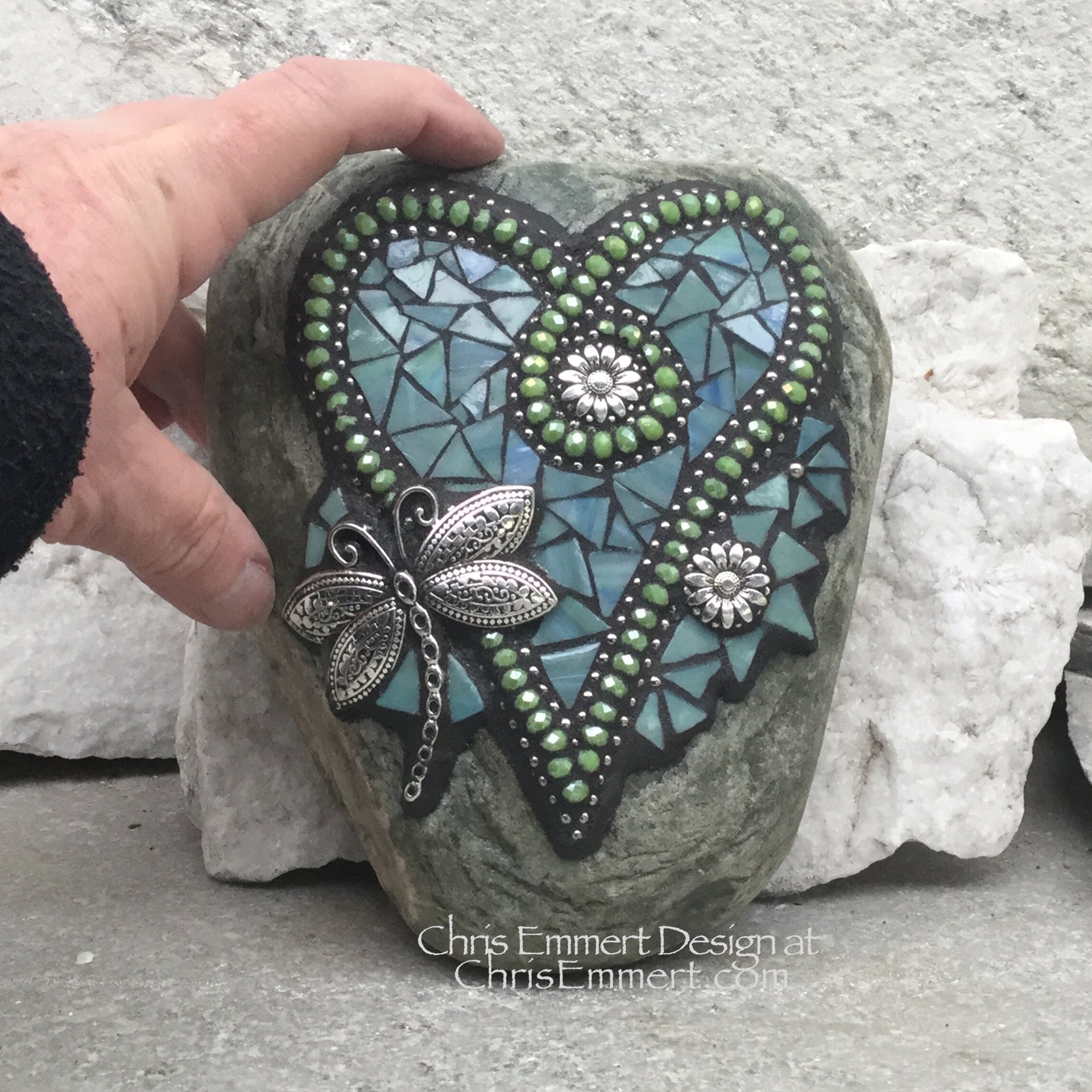 Blue-Green Dragonfly Mosaic Heart, Mosaic Rock, Mosaic Garden Stone,