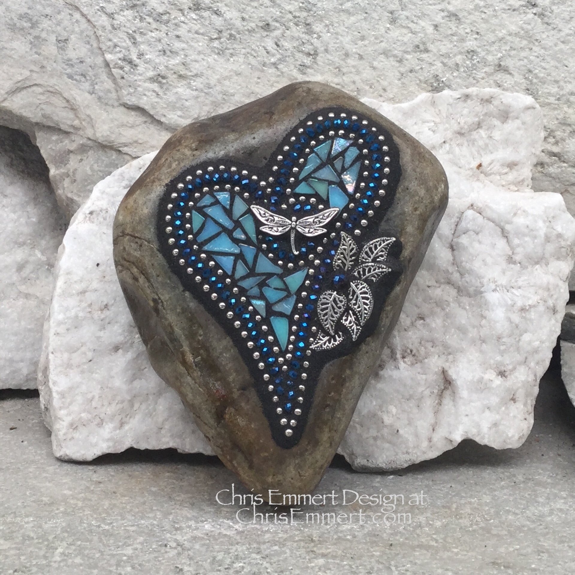 Iridescent Light Blue Heart, Mosaic Paperweight / Garden Stone