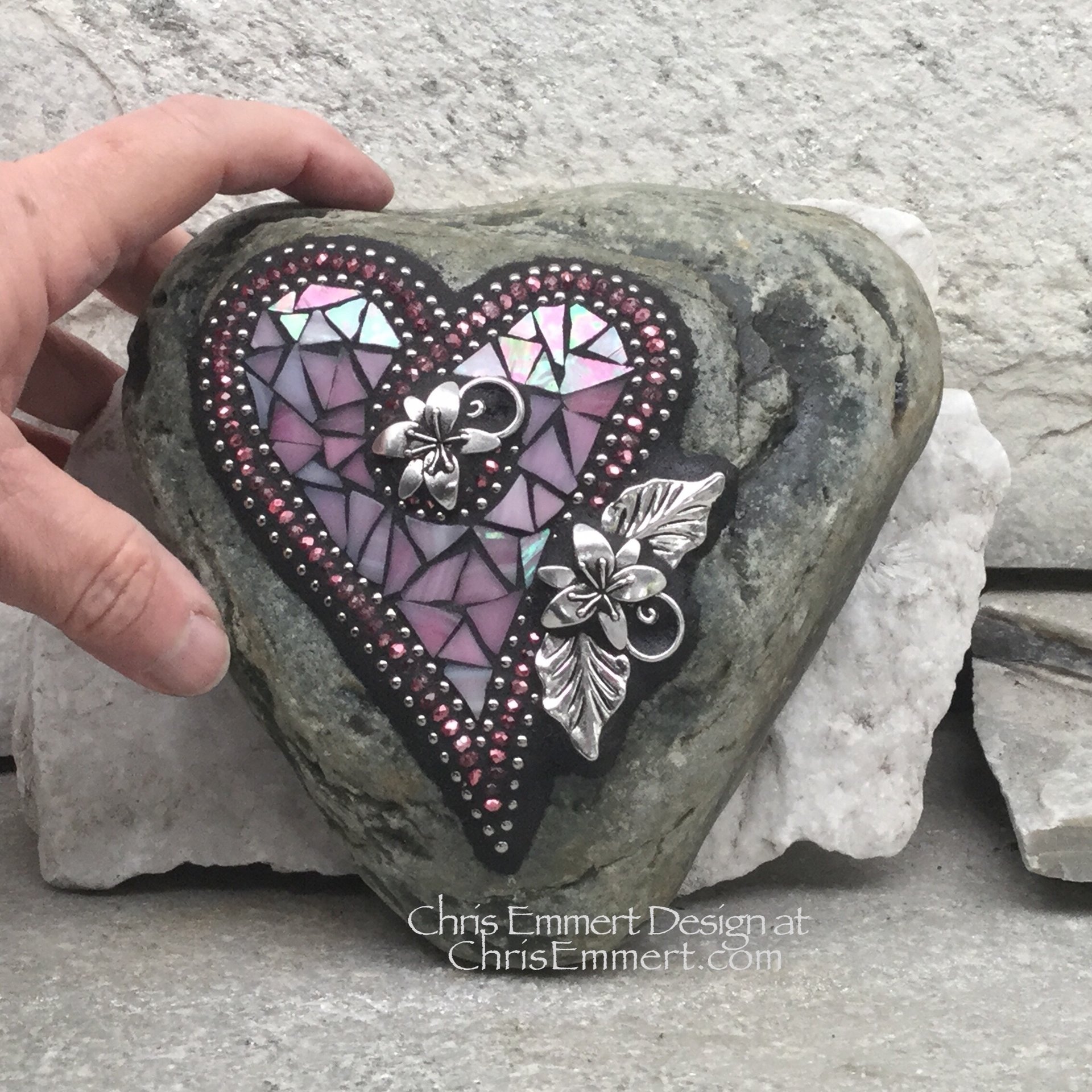 Iridescent Pink Mosaic Heart, Mosaic Rock, Mosaic Garden Stone,