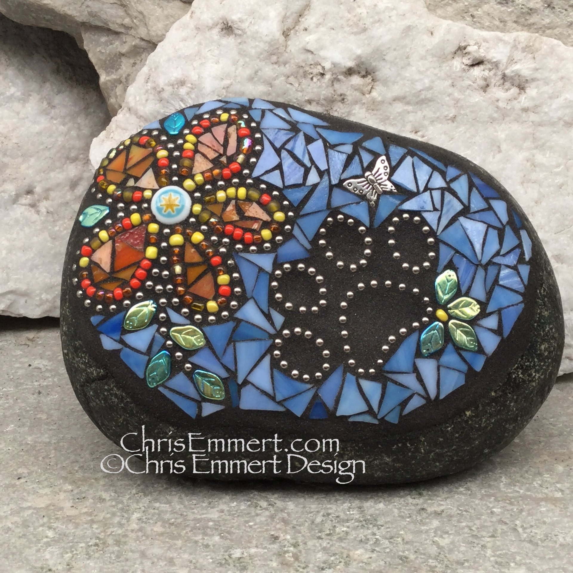 Orange Flower w/Blue, Black Paw Print - Garden Stone, Pet Memorial, Garden Decor'