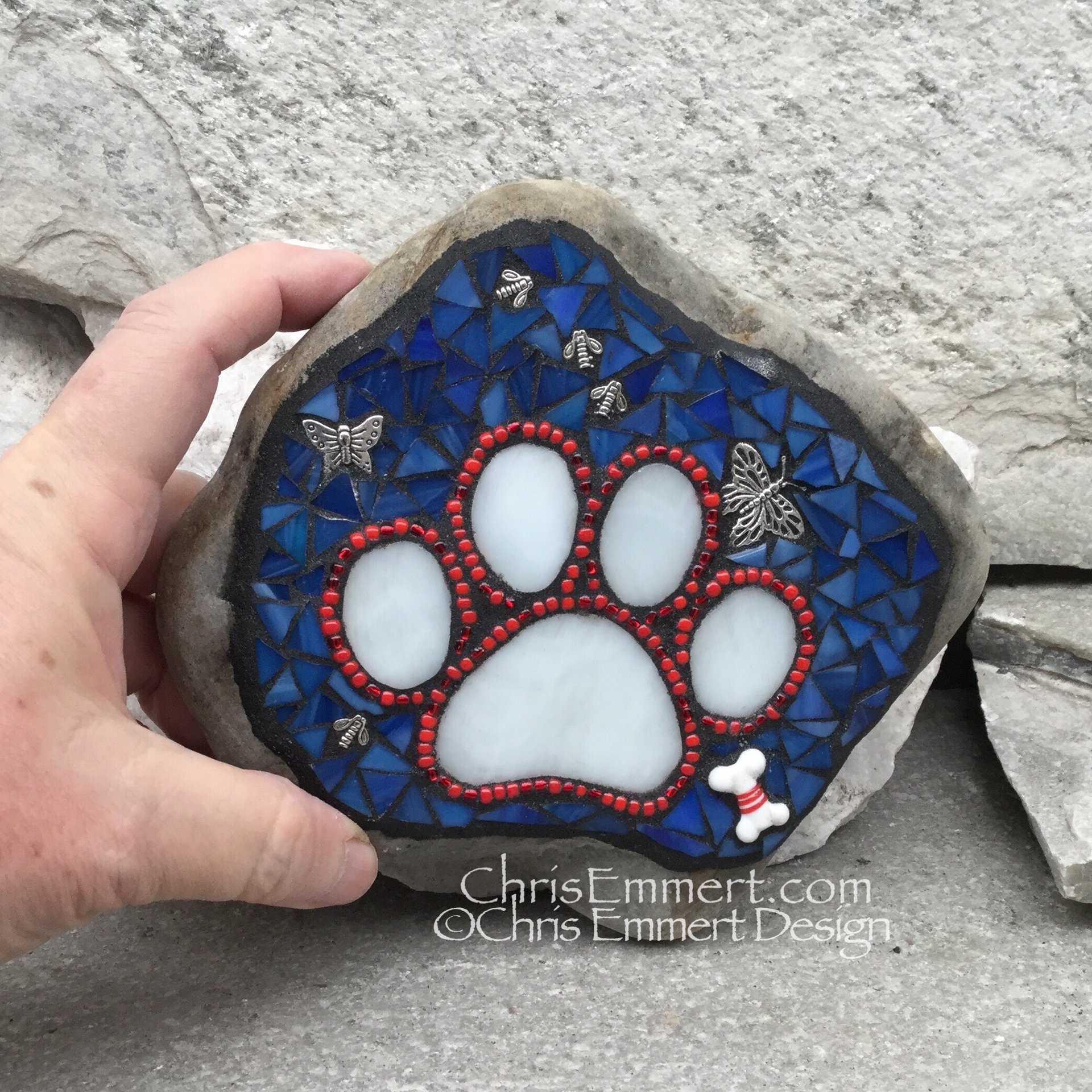 Patriotic Red, White and Blue, Black Paw Print - Garden Stone, Pet Memorial, Garden Decor'