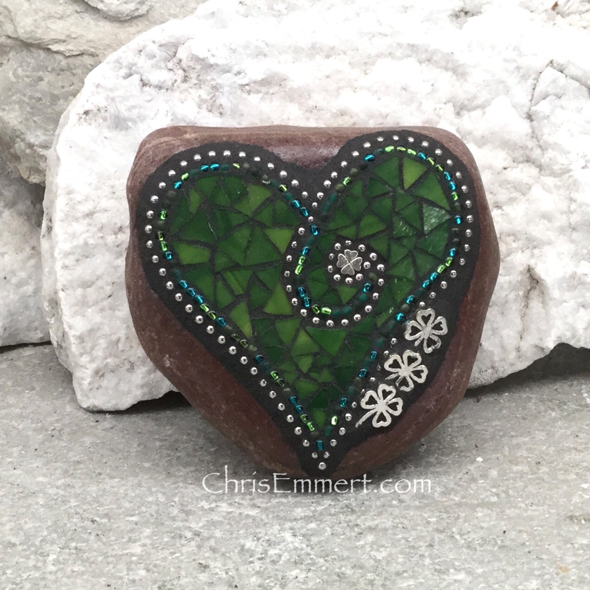 Green Mosaic Heart, Mosaic Rock, Mosaic Garden Stone, Home Decor, Gardening, Gardening Gift,
