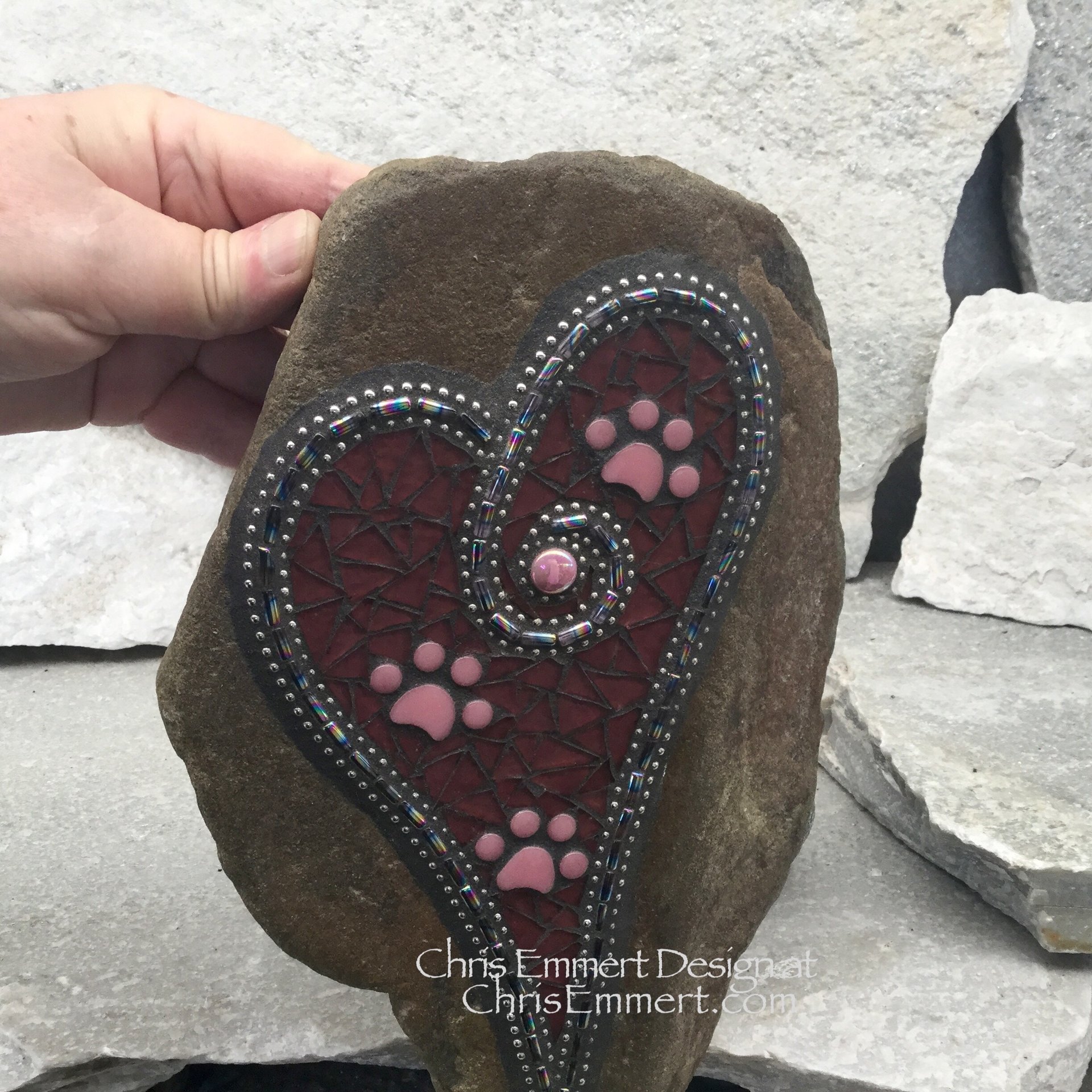 Large Iridescent Purple Mosaic Heart, Paw prints, Mosaic Garden Stone, Pet Memorial