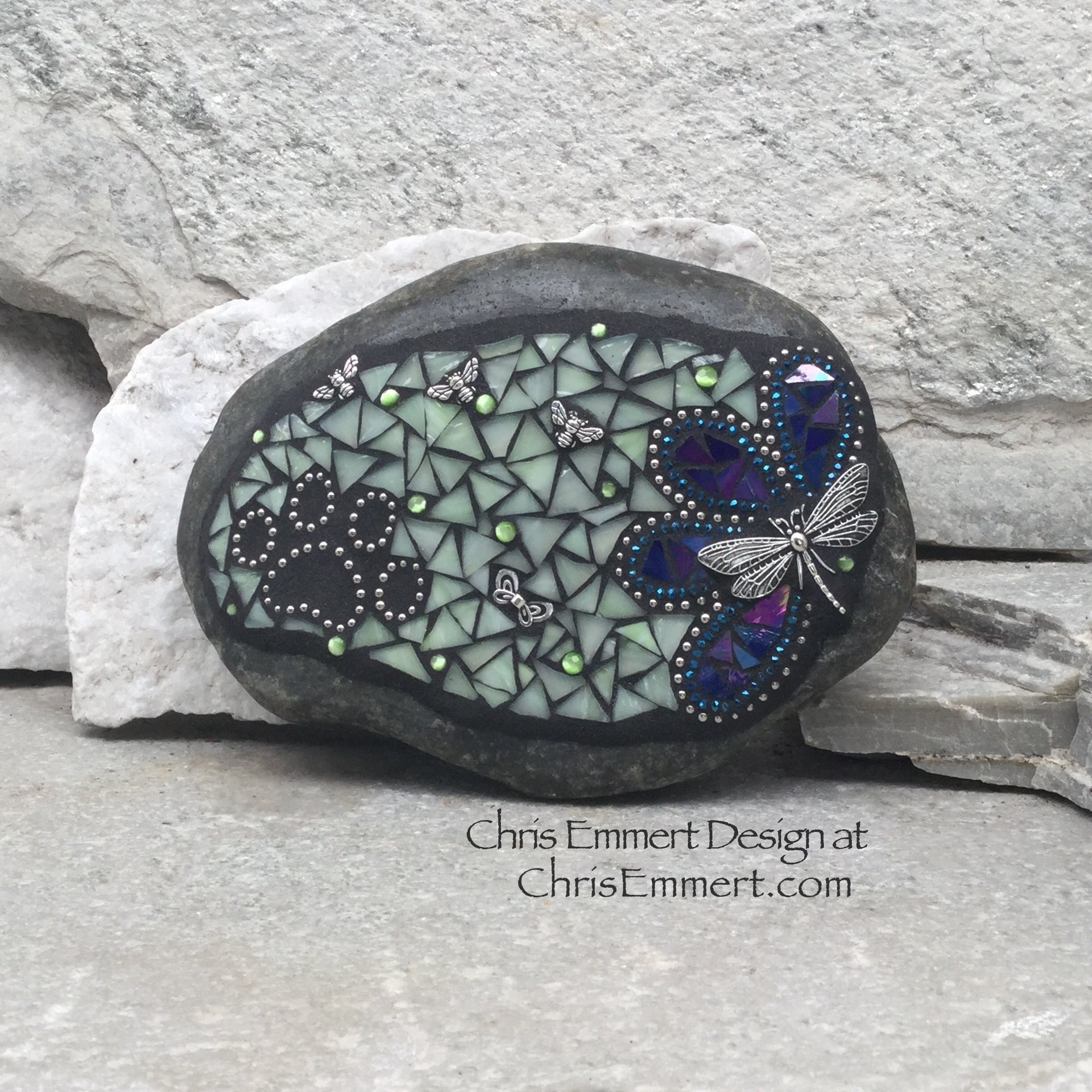 Blue Flower w/Pale Green, Black Paw Print - Garden Stone, Pet Memorial, Garden Decor'