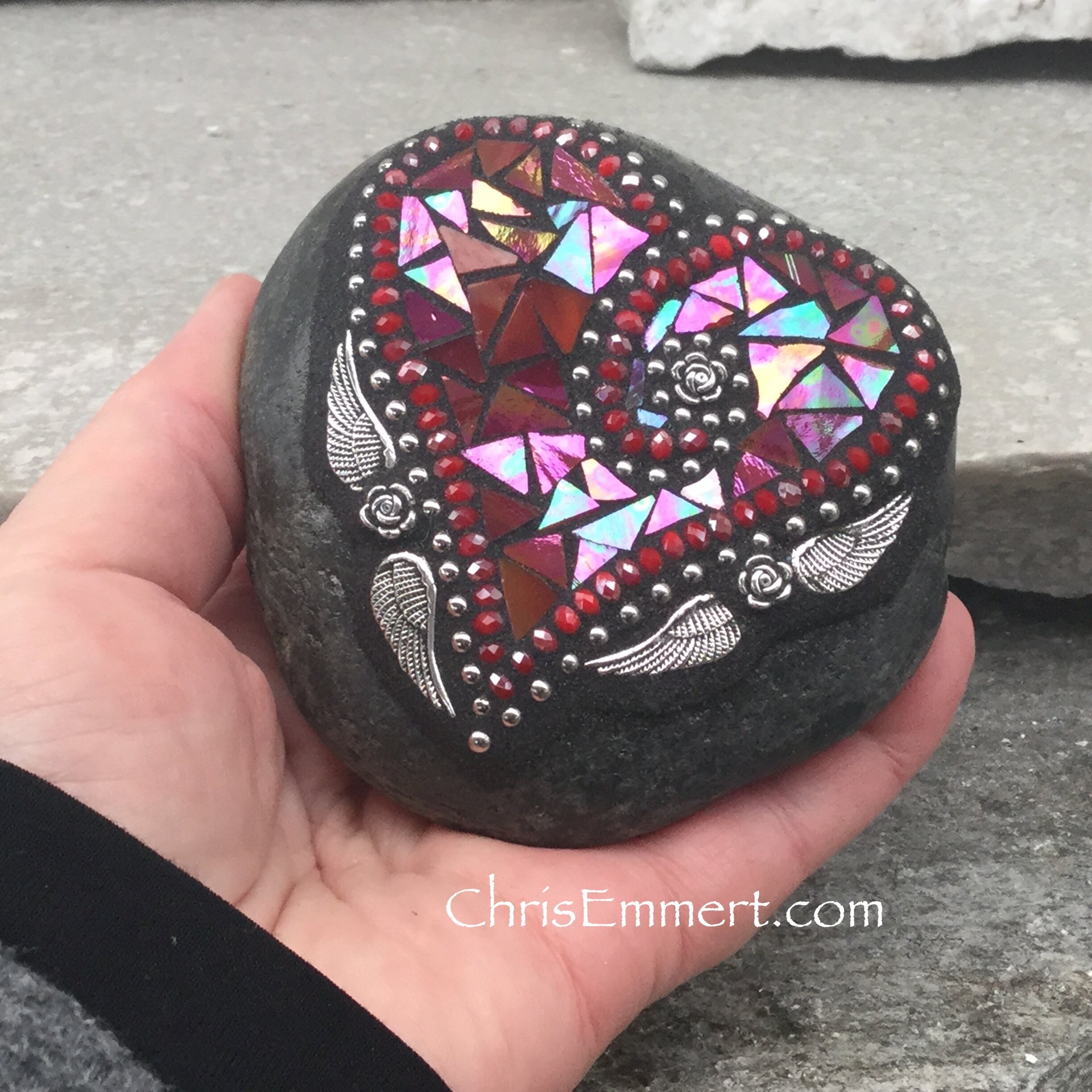 Red Valentine Heart, Angel Wings, Mosaic Paperweight / Garden Stone