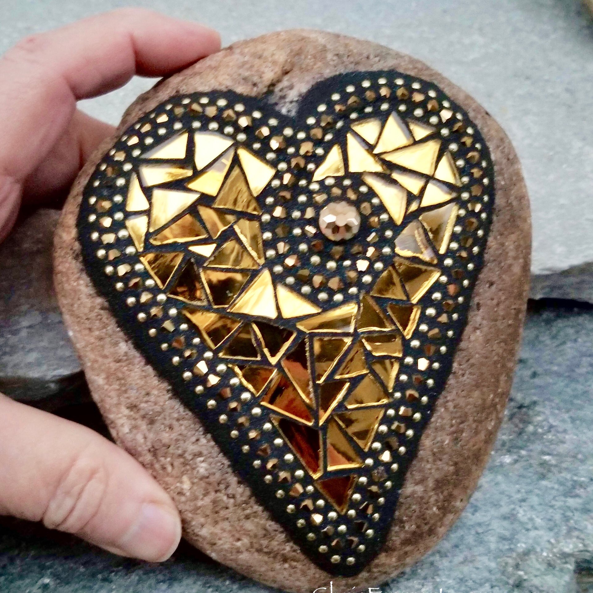 Gold Mirror Heart (2), Mosaic Paperweight / Garden Stone