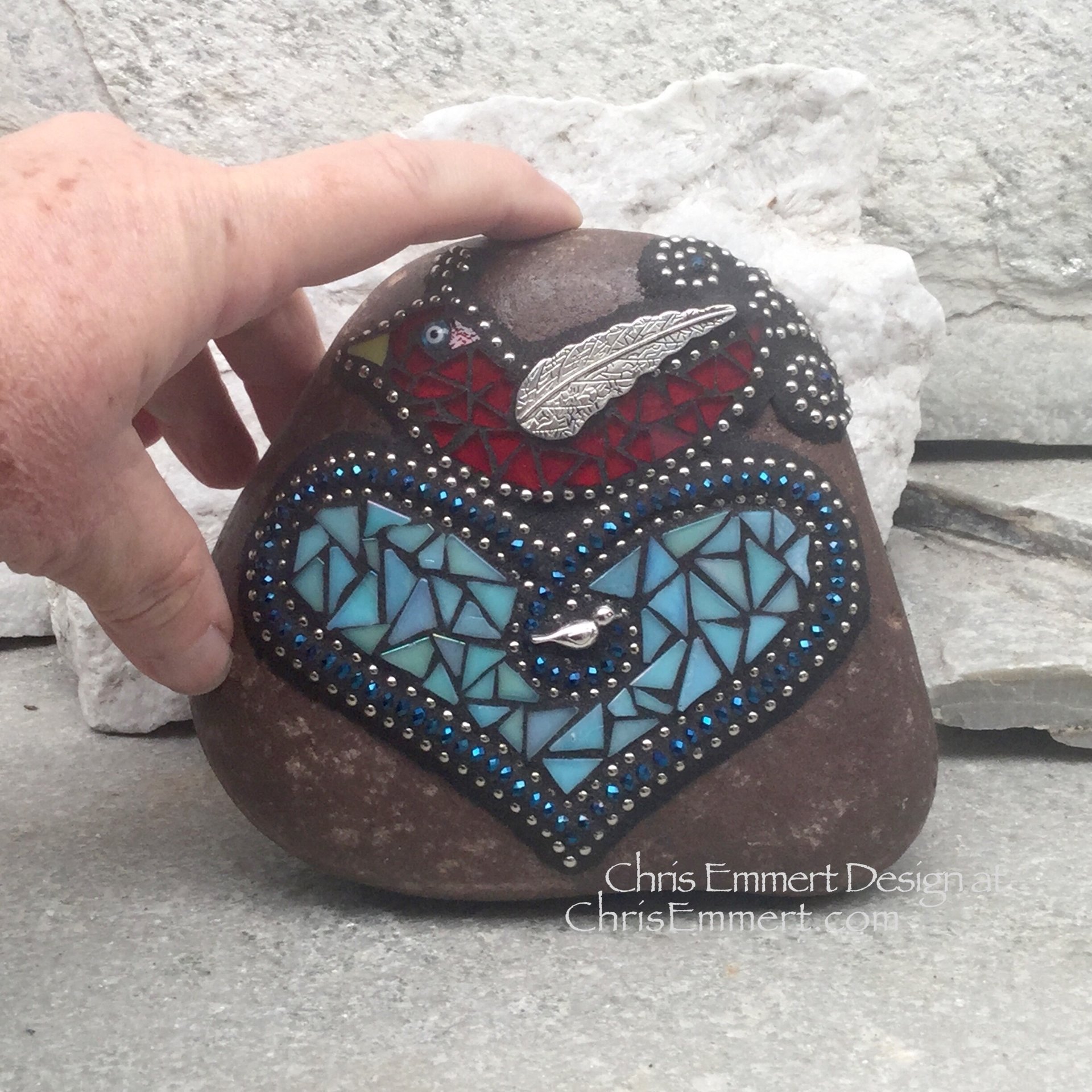 RedBird on a Blue Heart Mosaic -Garden Stone