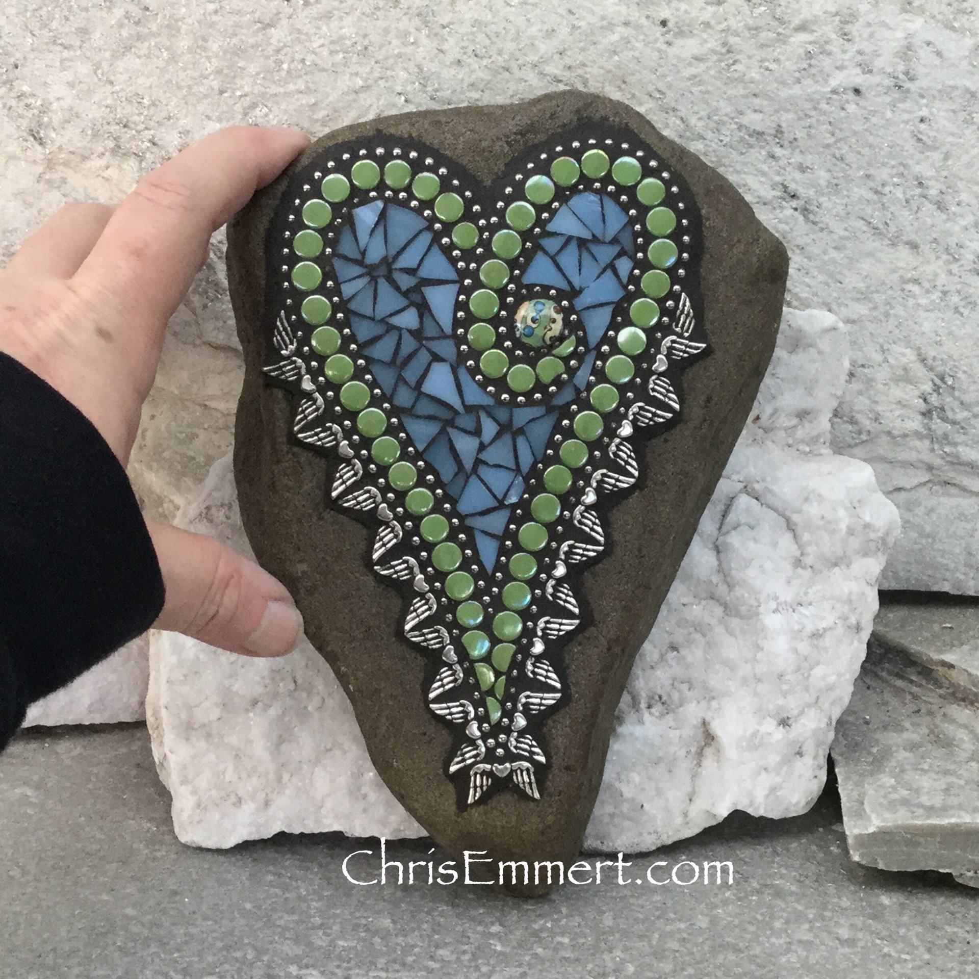 Blue and Green Angel Wing Mosaic Heart, Mosaic Rock, Garden Stone, Home Decor, Gardener Gift, Garden Decor,