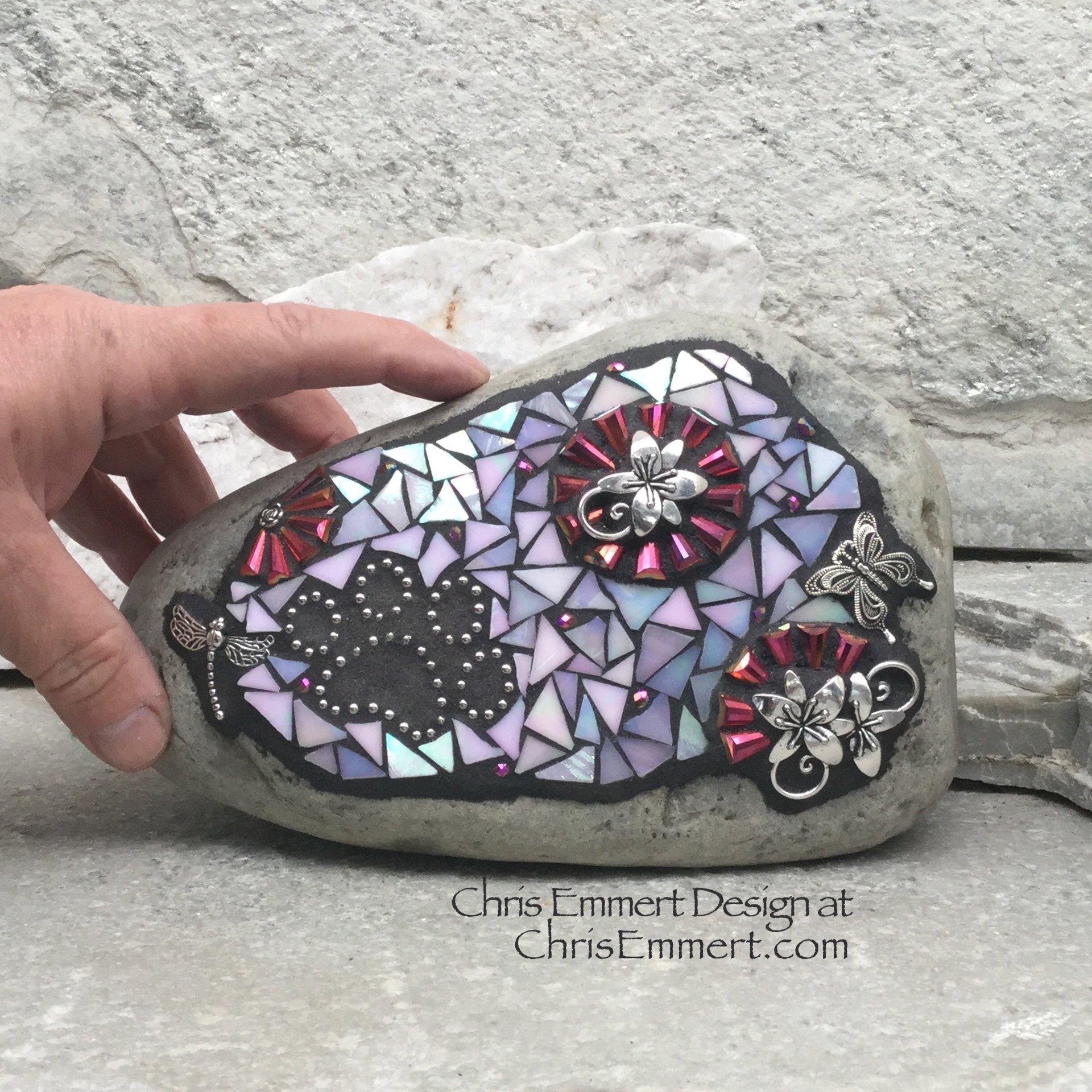 Iridescent White Mosaic Pet Memorial, Mosaic Rock, Mosaic Garden Stone, Home Decor, Gardening, Gardening Gift,